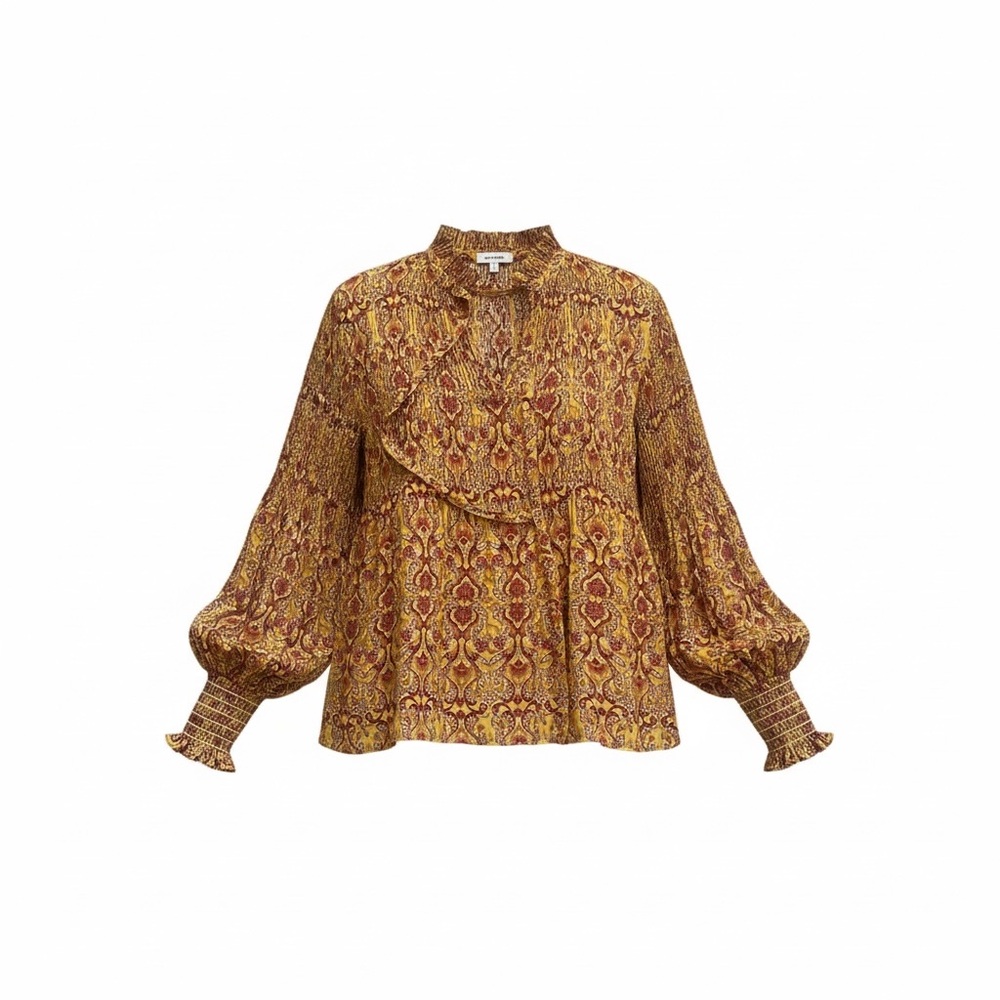 MAX STUDIO Boho Mustard Print Ruffle Blouse – Size M